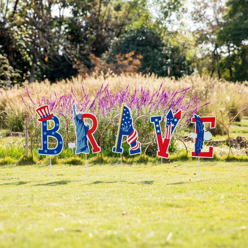 Glitzhome Set of 5 Patriotic/Americana BRAVE Yard Stake or Wall Decor