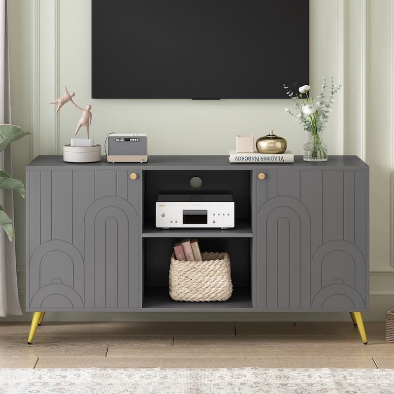 Tv Stand For Tvs Up To 55 Inches,Entertainment Center Media Console,Adjustable Shelf,Metal Legs,Handles And Anti-Tip Device - Gray