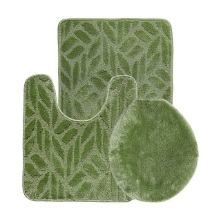 Green Leaves Bathroom Rugs Mat Sets 3 Piece, Botanical Plant Spring Summer White Bath Shower Rugs With U-Shaped Contour Toilet Mat, Large