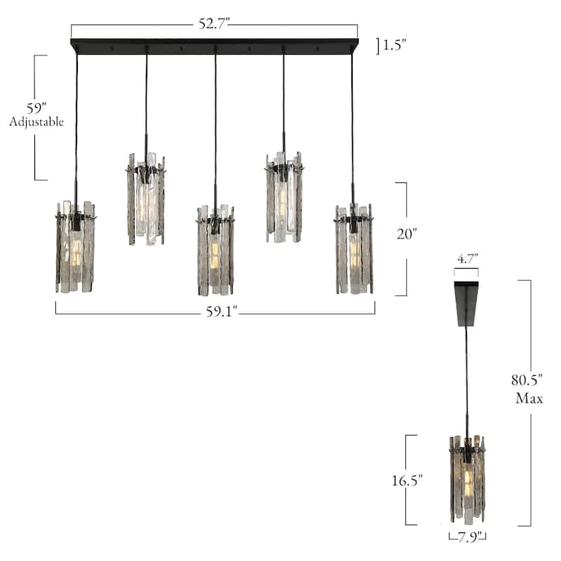 Modern 5-Light 52.7" W Linear Chandelier Texture Glass Pendant Island Light - Black - W59.1"xD7.9"xH80.5"