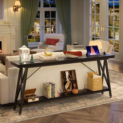 70.9'' Extra Long Console Table Sofa Table with Charging Station and Storage Shelf,Industrial Hallway Entry Table