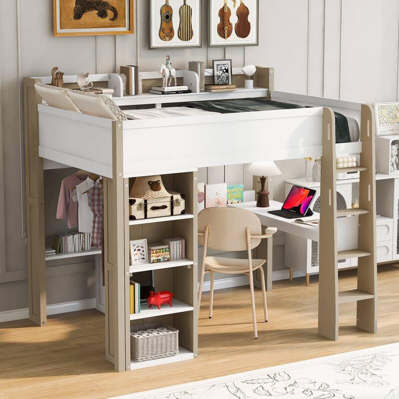 Full Size Wood Study Loft Bed with Built In Desk, Versatile Storage High Loftbed Frame with Shelves, Hanging Rod and Wardrobe
