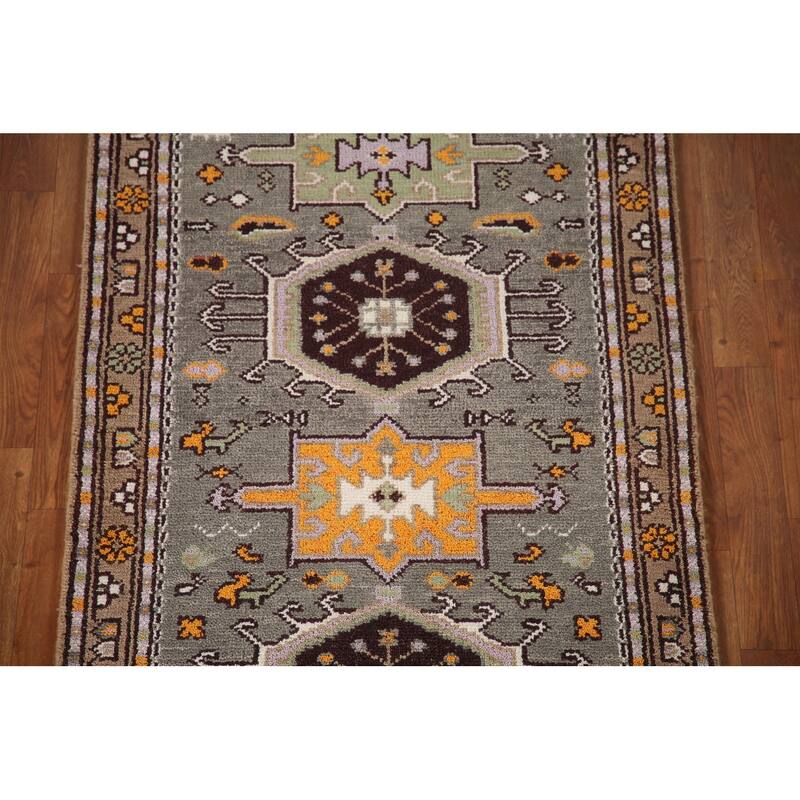 Geometric Grey Kazak Indian Rug Hand-Knotted Wool Carpet - 3'0"x 5'0"