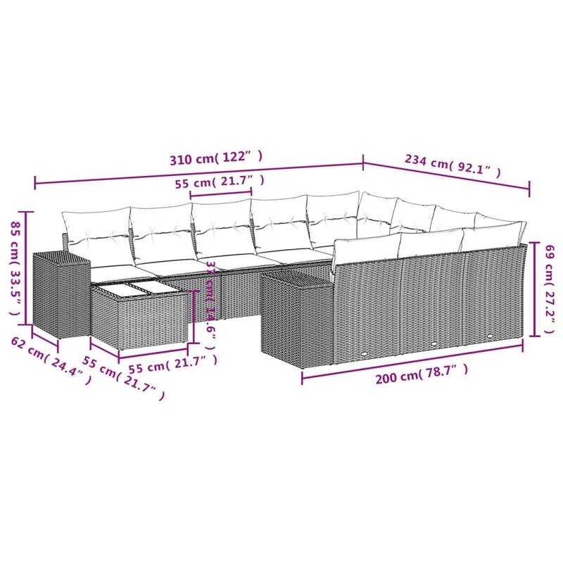 vidaXL 11 Piece Patio Sofa Set with Cushions Black/Brown/Gray Poly Rattan - 24.4 x 24.4 x 27.2