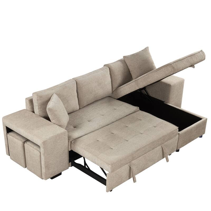 Convertible Sleeper Sectional Sofa, Reversible Sofa with Pull-Out Bed, Storage Chaise & 2 Stools, Linen Upholstered 4 Seat Sofa