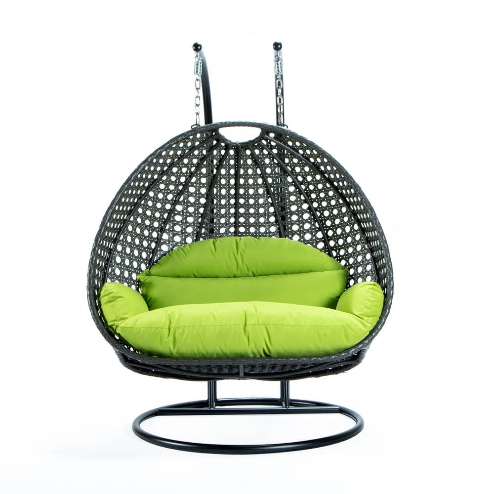 Leisuremod Modern Hanging Egg Swing Chair for 2-Person with Metal Stand, Charcoal Wicker, Patio Hammock Lounger with Cushions