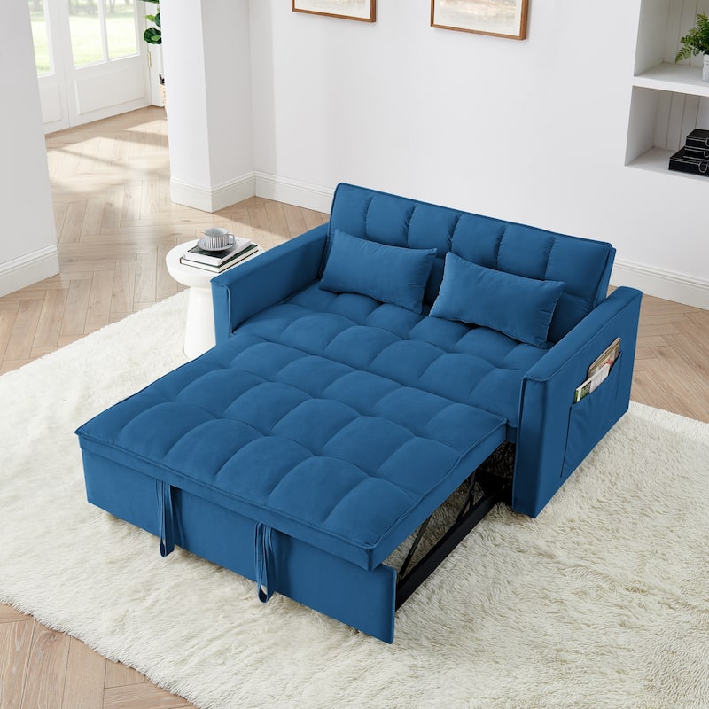 54.33 inch versatile foldable sofa bed in 3 lengths, velvet pull-out bed, adjustable back (Antique Blue)
