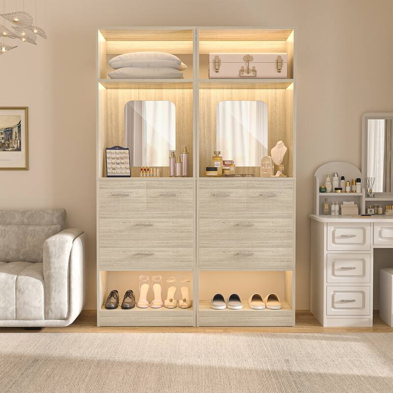 Cimly 25''W Closet Organizer with Mirror and Drawers, Freestanding Closet System for Walk-in/ Reach-in Closet - Washed Oak - Set of 2