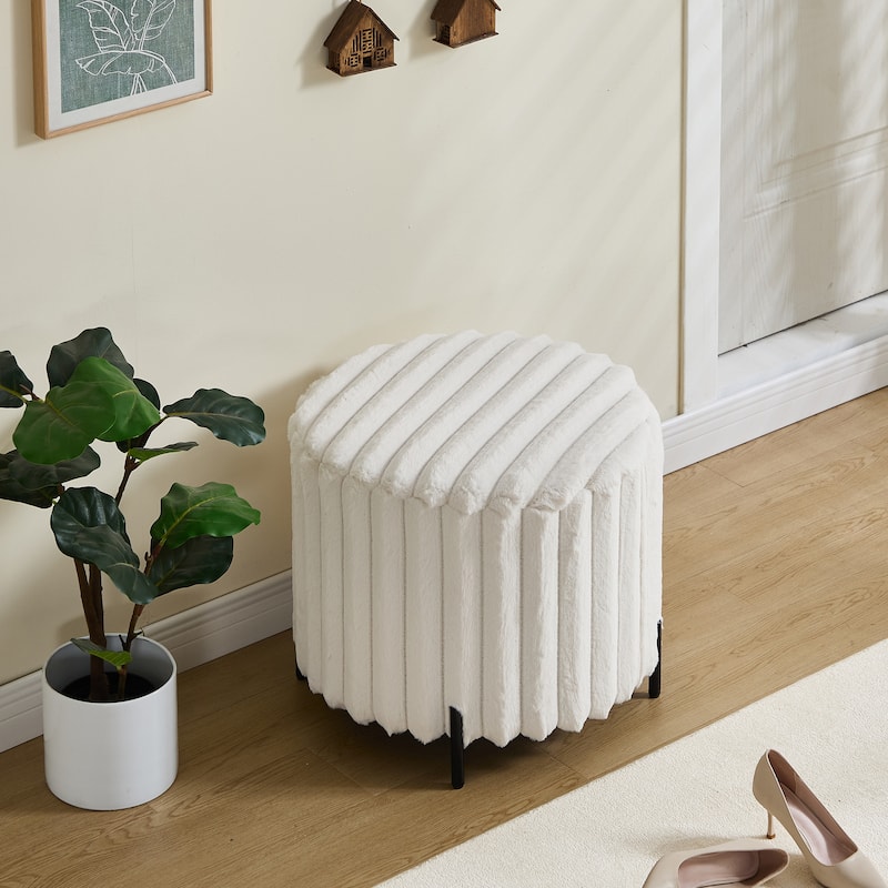Faux Fur Upholstered Round Ottoman, Ottoman Coffee Table with Metal Legs, Home Decor FootStool for Living Room, Bedroom - Beige