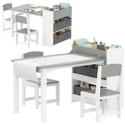Qaba Kids Desk and Chair Set with Paper Roll, Kids Art Table and Chairs Set with Storage Shelves, Activity Craft Table