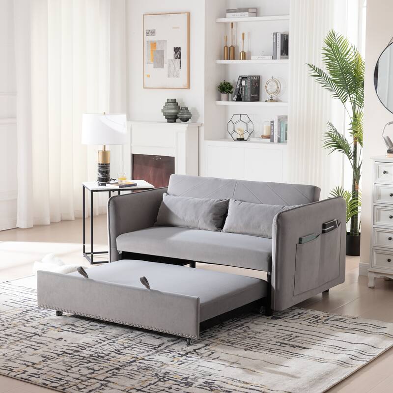 3 in 1 Convertible Sleeper Futon Sofa Bed, 55" Grey Velvet Loveseat with 2 Pillows, Reclining Backrest, Side Pockets