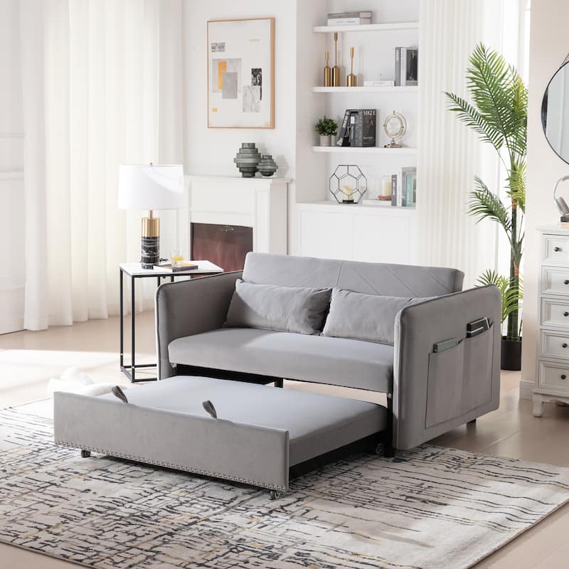 Small Convertible Sofa Bed, 55" Velvet Loveseat Couch with Pull-Out Bed, Pillows, Adjustable Backrest & Side Pockets