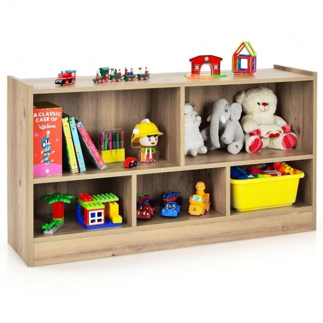 Children's Wooden Toy Storage Cabinet with 2 Shelves and 5 Cubes - 44" x 12" x 24" (L x W x H)