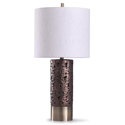 StyleCraft Chesham Brass and Bronze Floral Open Design Column Table Lamp with Off-White Drum Shade