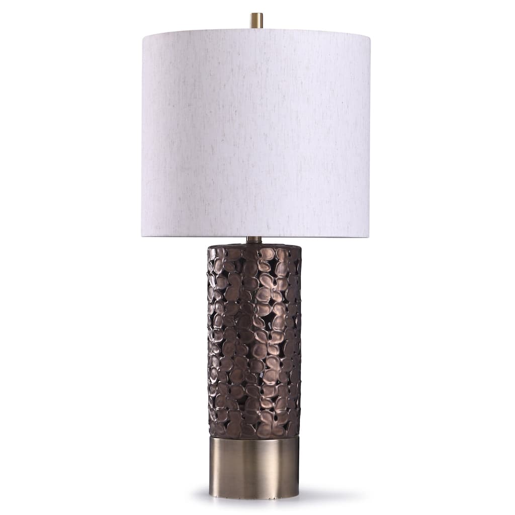 StyleCraft Chesham Brass and Bronze Floral Open Design Column Table Lamp with Off-White Drum Shade
