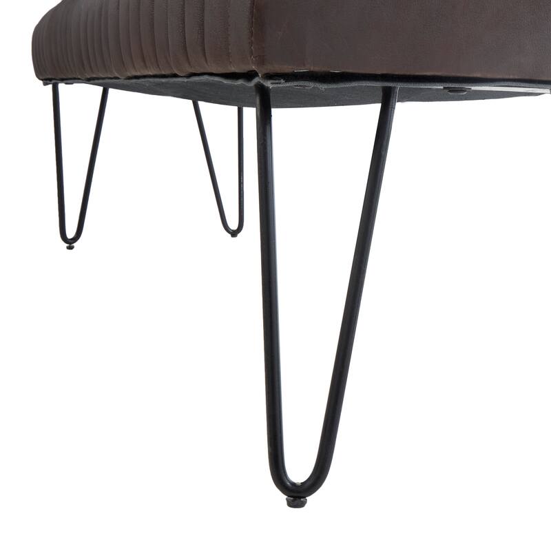 Brown Leather Upholstered Bench with Linear Tufted Panels and Black Metal Hairpin Legs