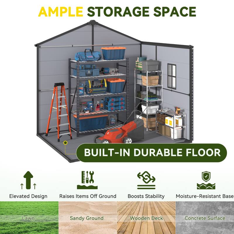 EROMMY Outdoor Storage Shed with Built-In Floor, Lockable Double Doors & Sloped Roof, Gray/Black