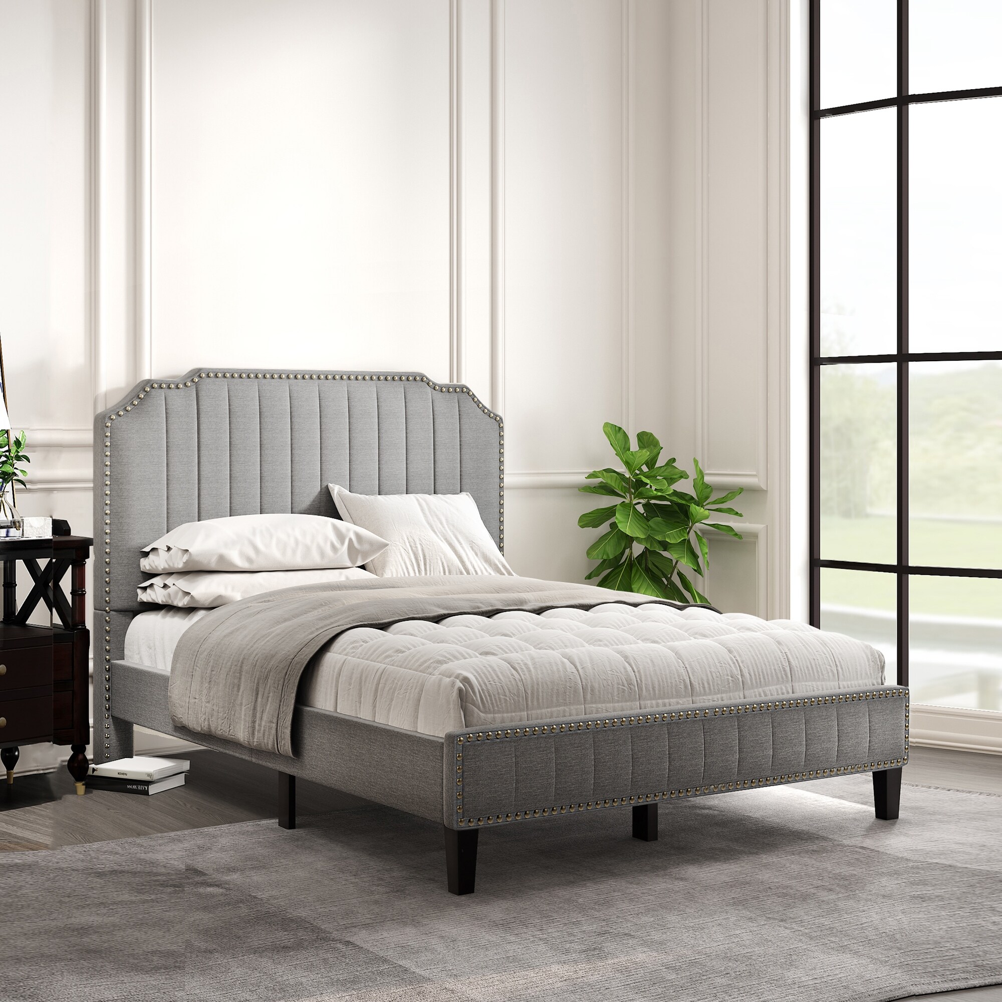 Modern Style Solid Wood Full Size Linen Curved Upholstered Platform Bed ...