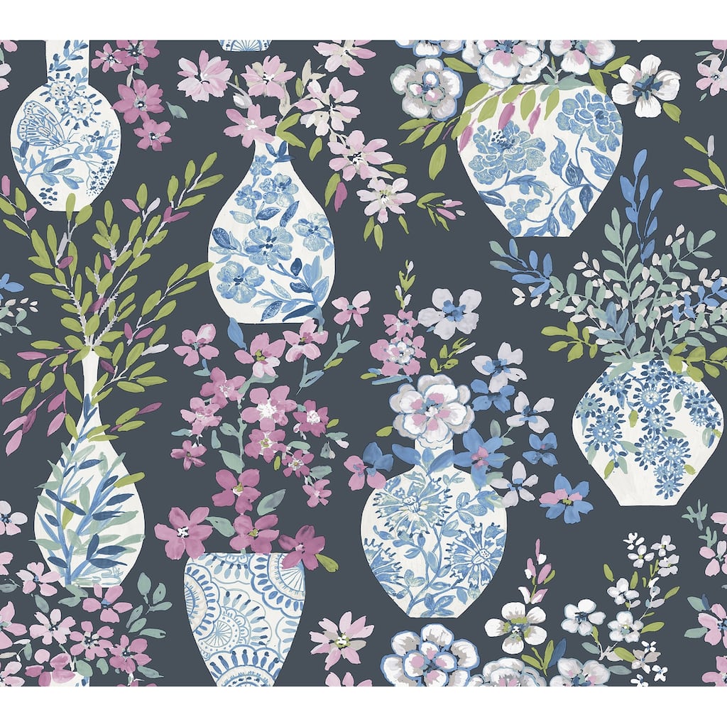 A-Street Prints Harper Charcoal Floral Vase Wallpaper