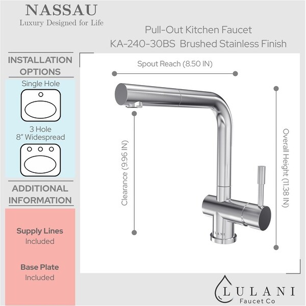Nassau Collection. Pull-out head kitchen faucet. Brushed Stainless finish. By Lulani
