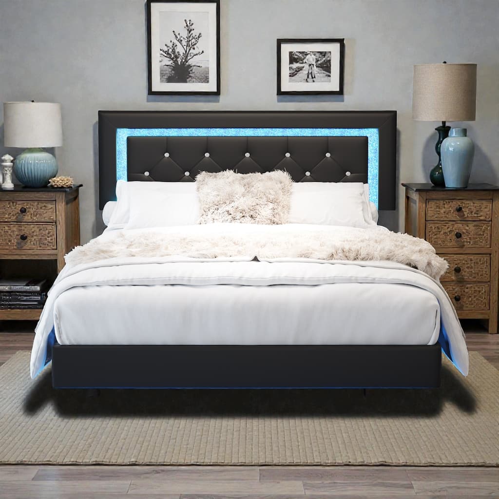 Floating Upholstered Bed Frame with LED Lights, Diamond Tufted Headboard, PU Leather Platform Bed, No Box Spring Needed