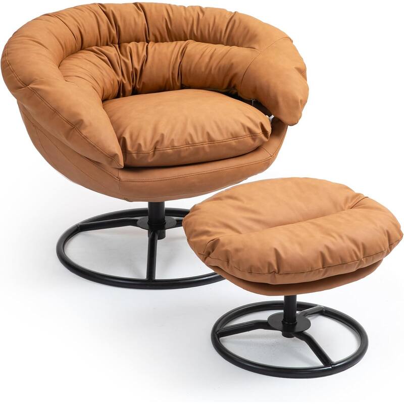 XINMICS Swivel Accent Chair with Ottoman Set, Modern Reading Chair Upholstered Armchair with Footrest - Brown