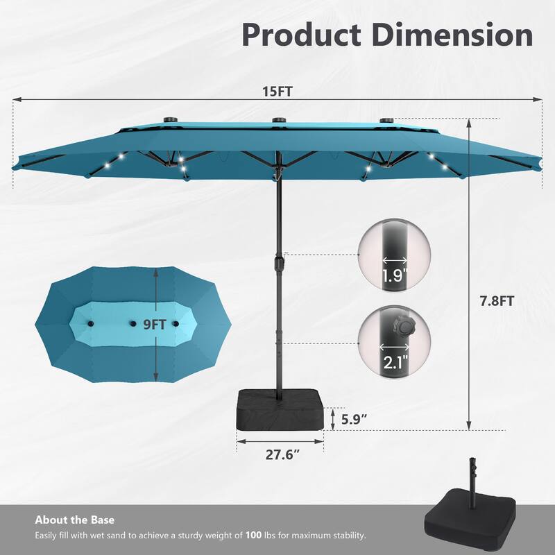 MAISON ARTS 15ft 2-Tier Large Patio Umbrella with Solar Lights, Double-Sided Outdoor Market Umbrellas with Base Included