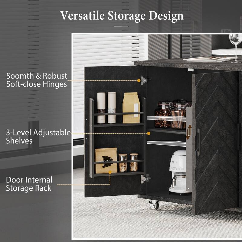 Farmhouse Style 51.2" Rolling Kitchen Island with 3D Wave Stripes Ash Veneer, Drop Leaf & Storage Racks