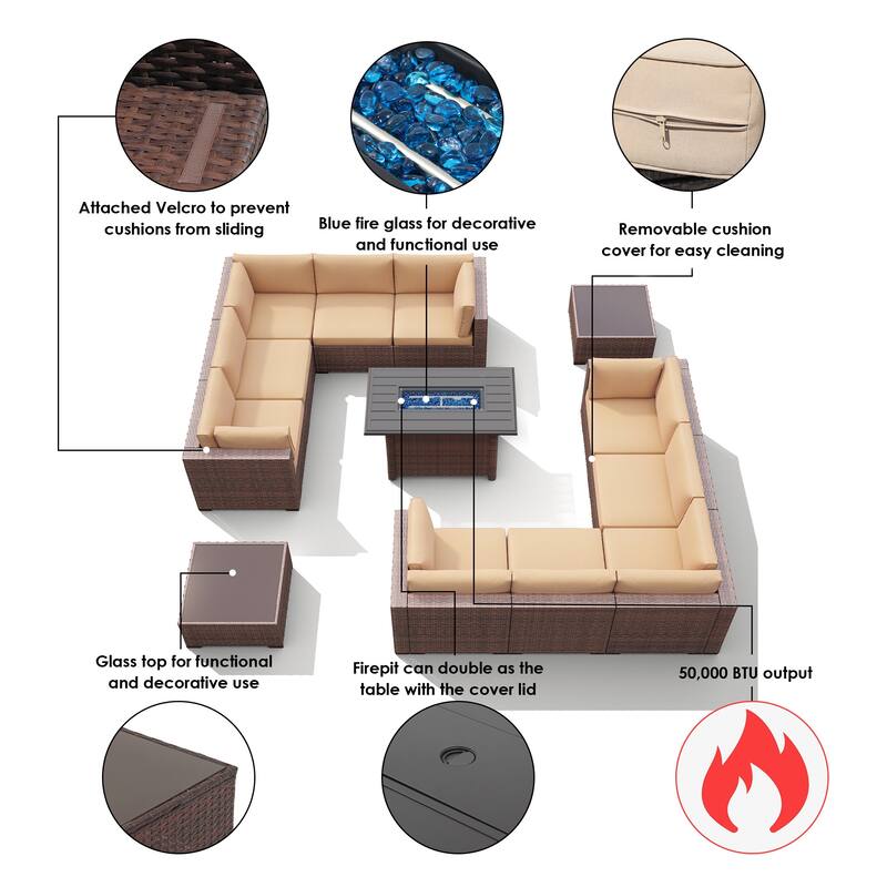 13 Piece Wicker Set Patio Sofa Furniture with Fire Pit And Table