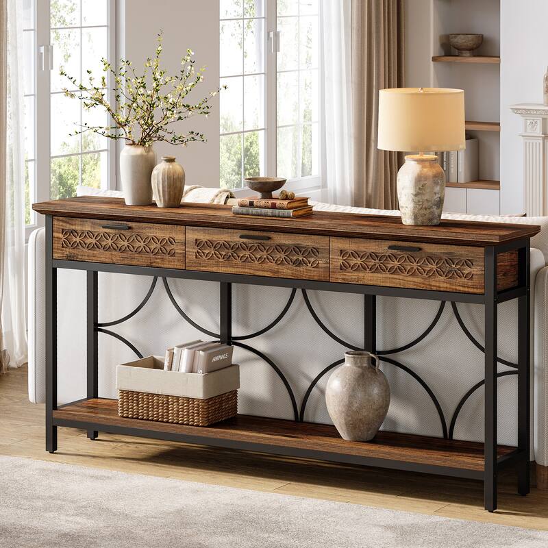 70.9 Inches Sofa Console Table with 3 Drawers and Storage Shelf - 11.8" D x 70.8" W x 35.4" H - Brown
