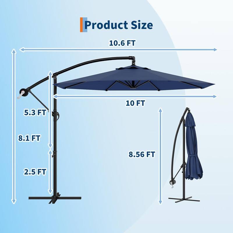 10ft Offset Patio Umbrella, Cantilever Umbrella with Easy Lift & Tilt Adjustment, 8 Ribs Sun Umbrella UV Protection