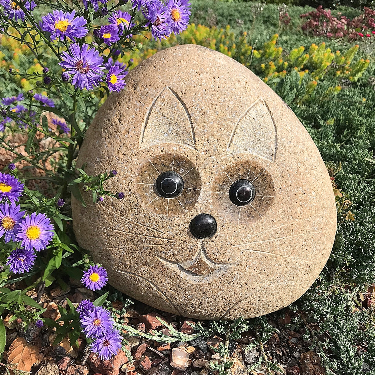 Handcrafted Granite Boulder Cat Sculpture, Unique Natural Stone Accent