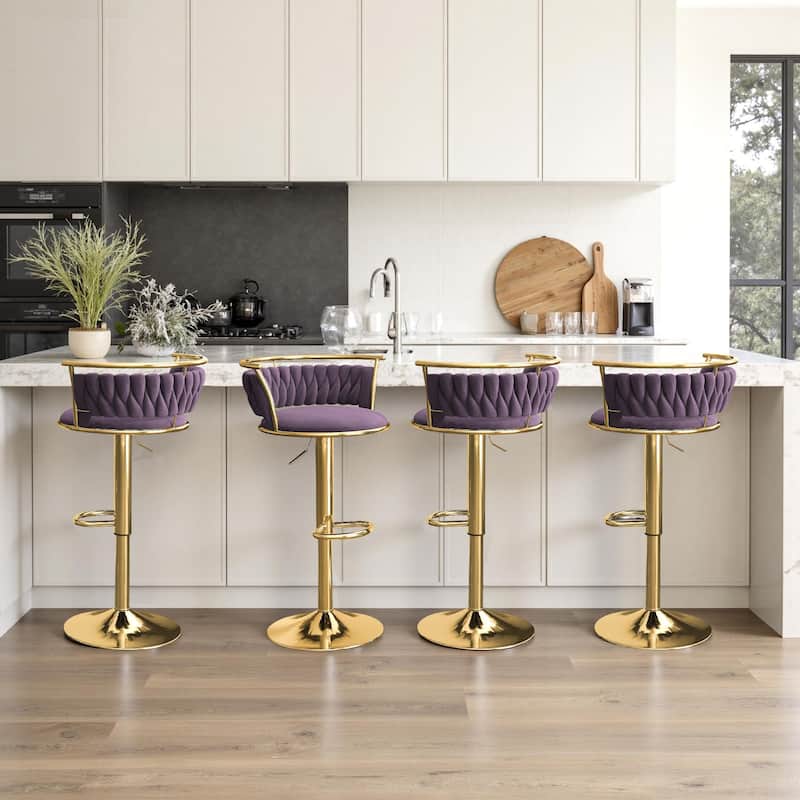 4 Set Modern Velvet Adjustable Swivel Bar Stools with Metal Frame