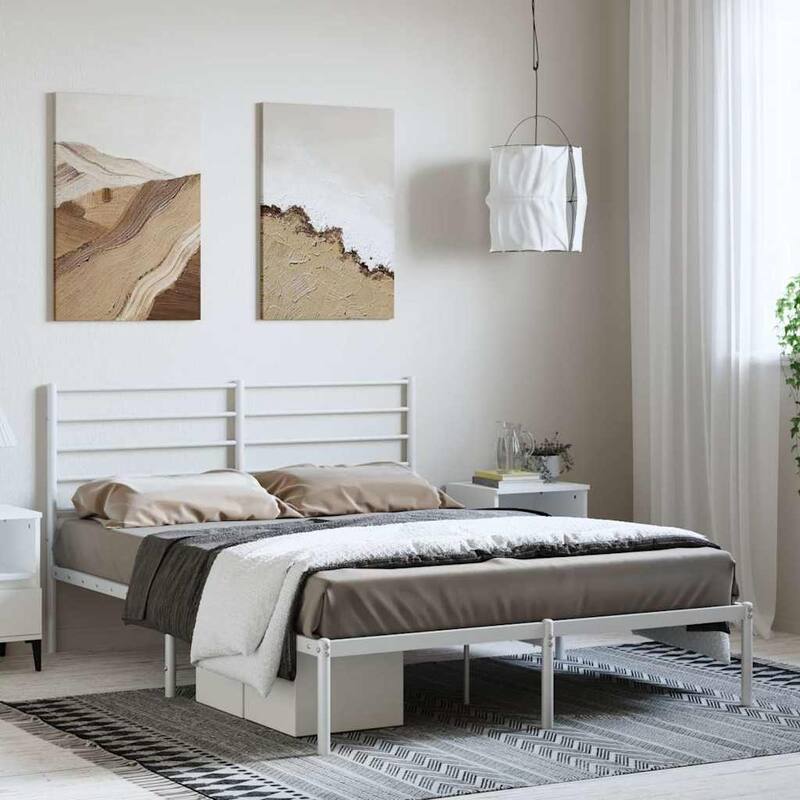 vidaXL Metal Bed Frame with Headboard, No Mattress - White 1 - Queen