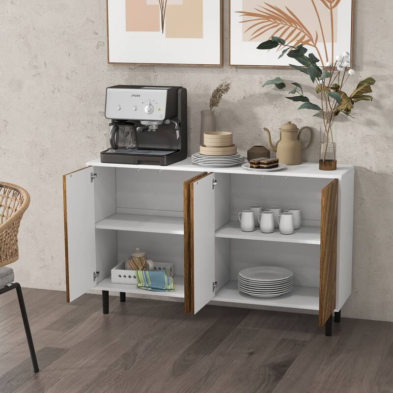 Modern Kitchen Sideboard Buffet Cabinet with Adjustable Shelves, 48" Coffee Bar Cabinet with Chevron Doors and Pine Wood Legs