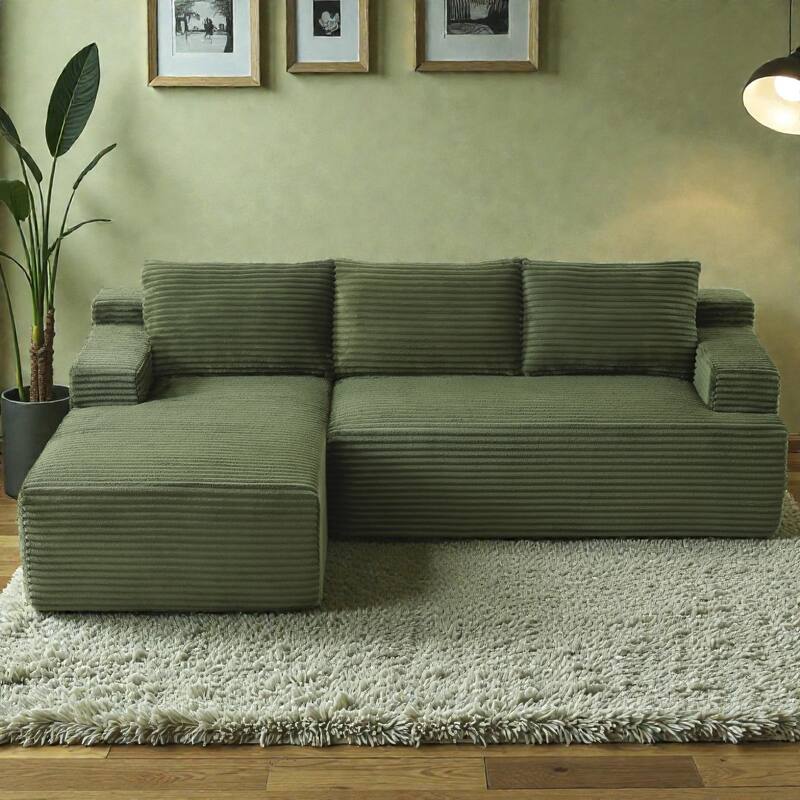 L Shaped Cloud Sectional Sofa with Deep Seat, Corduroy Modular Sleeper Couch, No Assembly Required - Green