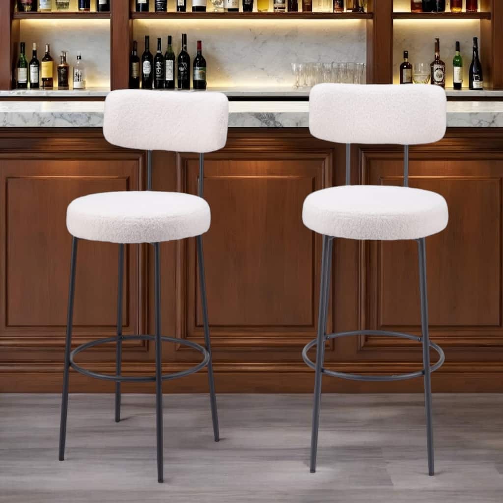 Modern Low Back Bar Stools Set of 2 Round Shearling Seats with Footrest and Powder Coated Frame - 40.9”H x 18.5”W x 21.3”D