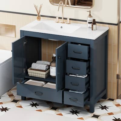 36" Bathroom Vanity with Ceramic Sink, 2 Soft close doors and 5 drawers