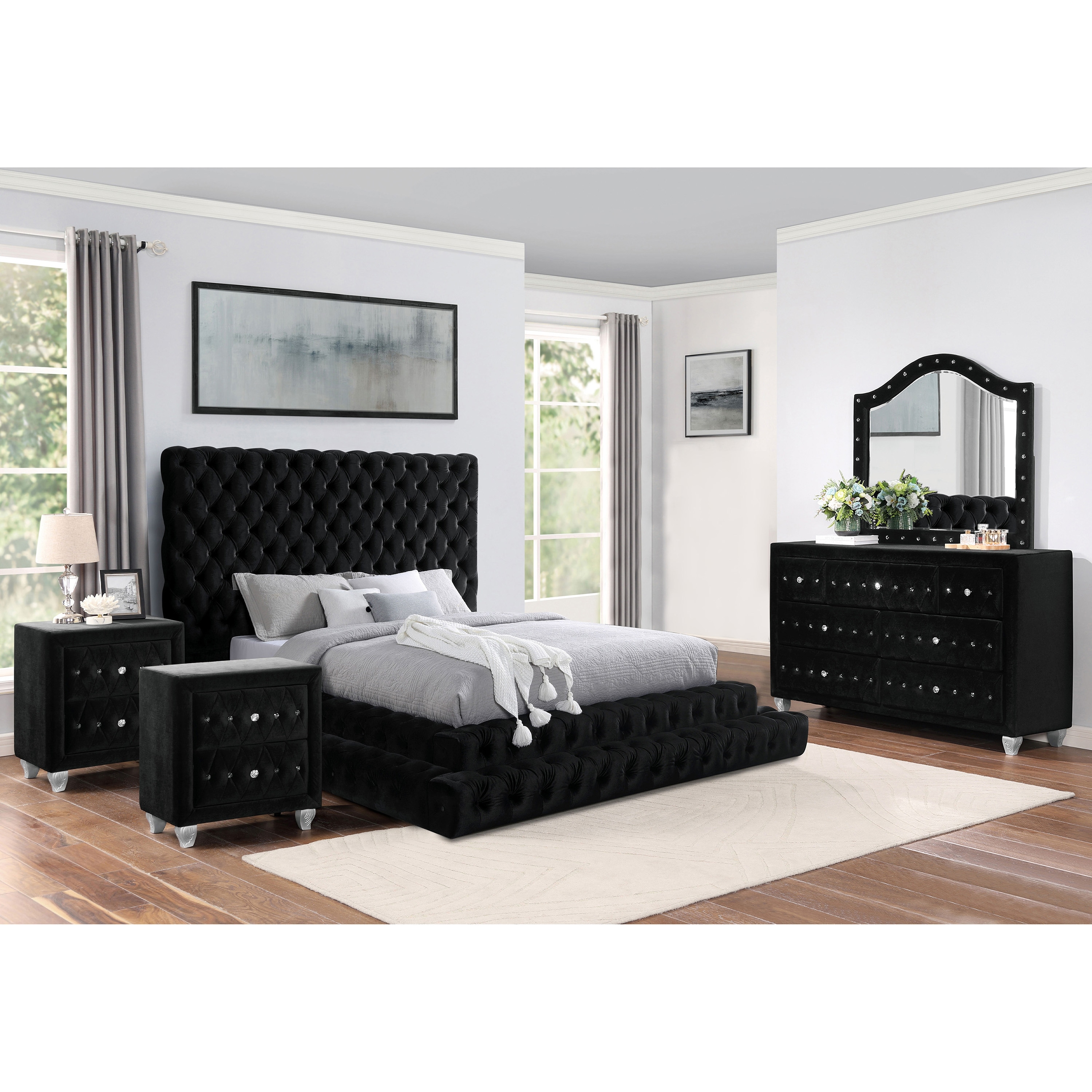 Furniture of America Allenhurst Glam Fabric Upholstered Button Tufted 5-Piece Platform Bedroom Set