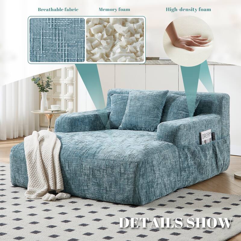 Chenille Lazy Sofa Chaise Lounge with Pillows - Convertible Armchair with Armrests, Multi-Position Sleeper for Living Room