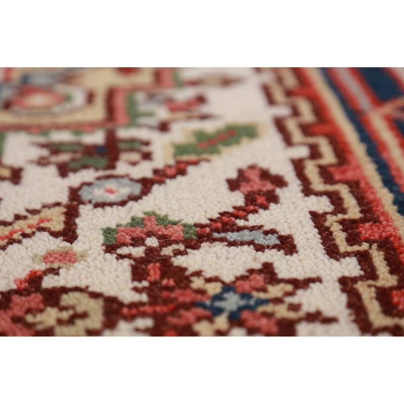 Hand Knotted Oriental 100% Wool Carpet Traditional Geometric Beige & Ivories Heriz (serapi) Runner Rug - 7' 10'' X 2' 7''