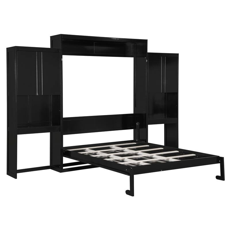 Heavy Duty Queen Murphy Bed with Desk, Multi-Functional Murphy Folding Bed with Vanity and Cabinets for Guest Rooms or Studios