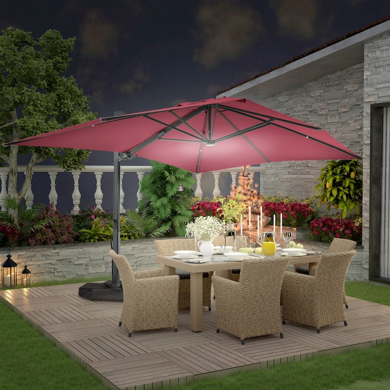 10 x 13ft Patio Rectangular Cantilever Market Umbrella with Lights(Without Based) - Red