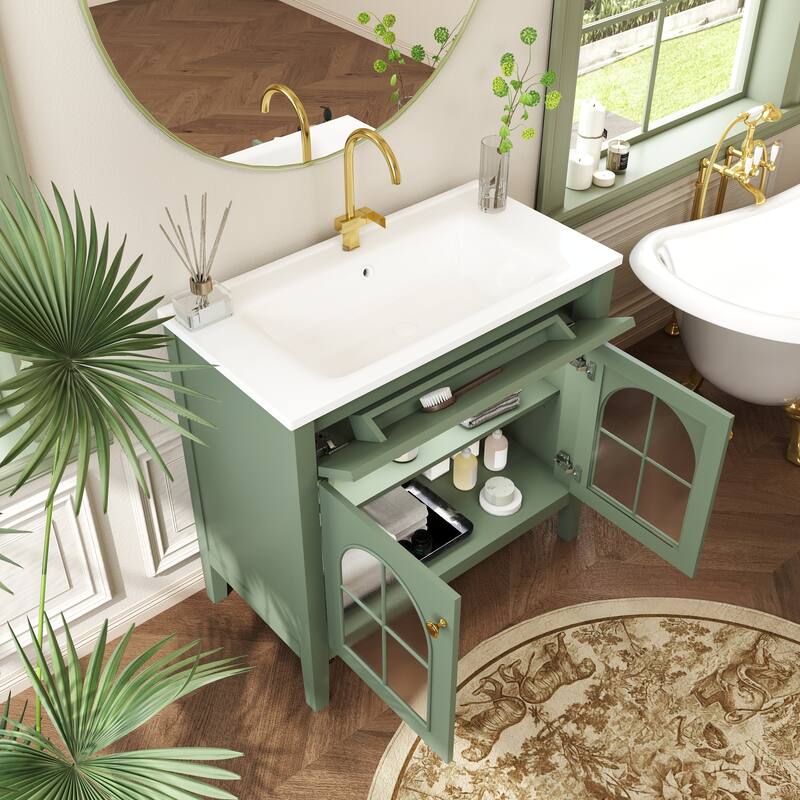 Modern Single Sink Bathroom Vanity Cabinet with Motion-sensor Light Strip & Patterned Glass, Ceramic Integrated Basin