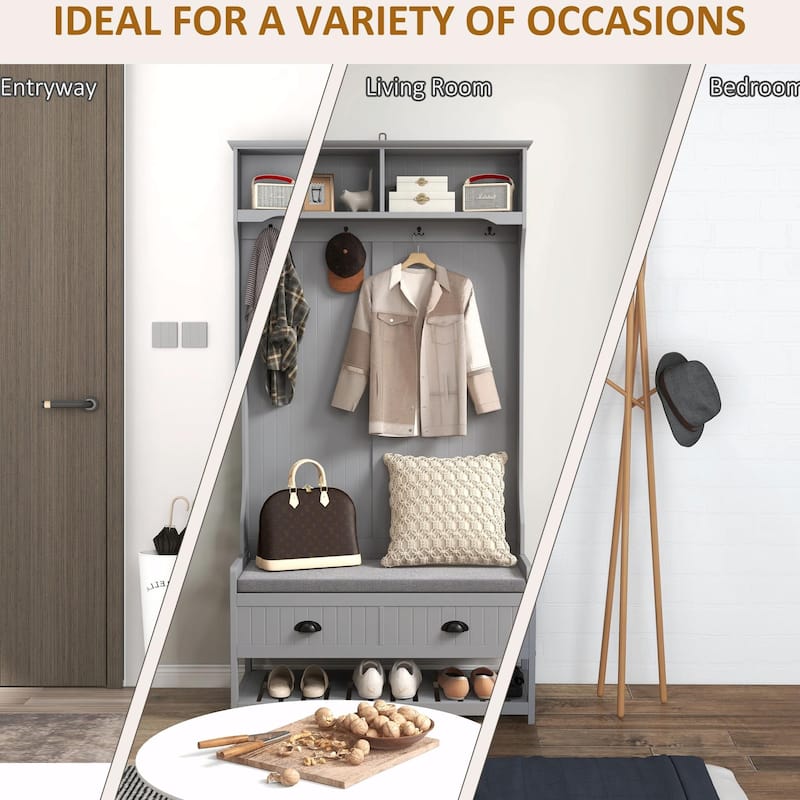 Entryway Bench with Coat Rack & Shoe Storage
