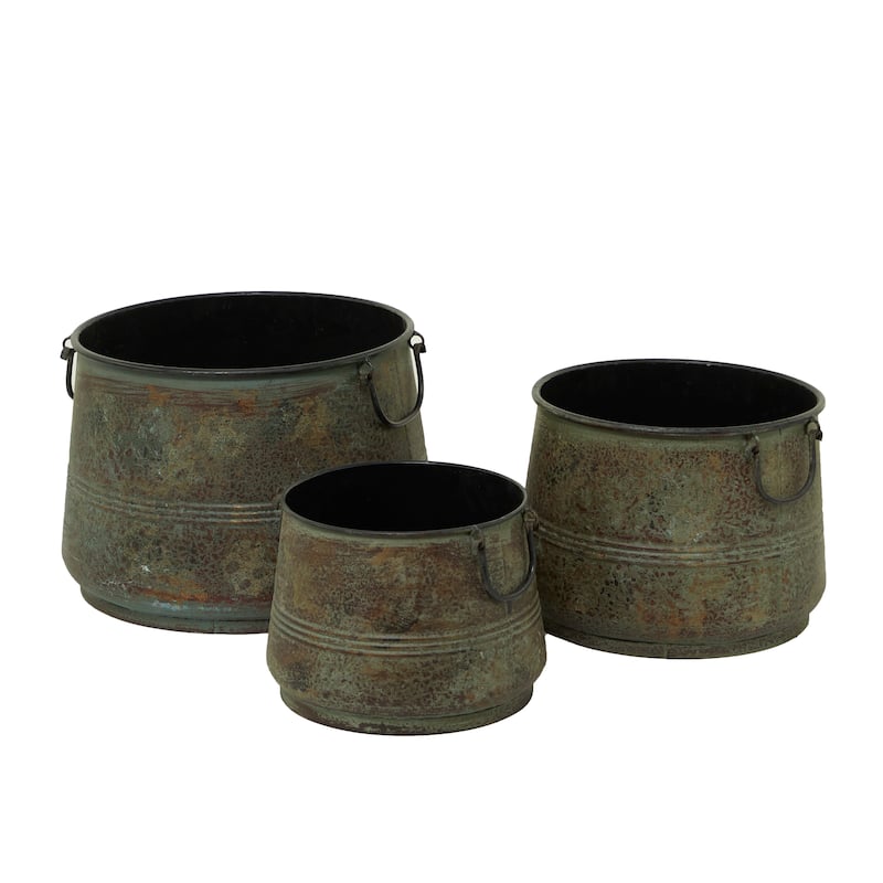 Metal Distressed Bucket Style Planter with Side Ring Handles - Set of 3 Bronze - Roche River Decor - 16"Wx16"Lx11"H