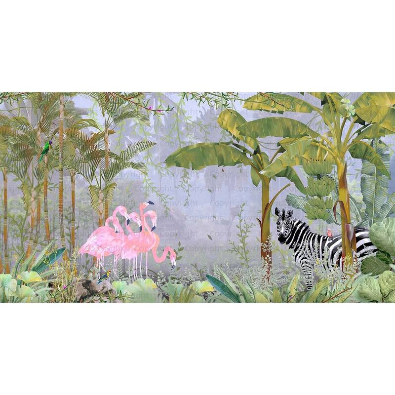 Exotic Tropical Jungle Wallpaper Mural Flamingos and Zebra - Yellow - W:225" x H:118"