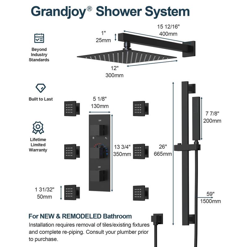 GRANDJOY Thermostatic Shower Faucet Set 12" Wall Mount Rainfall Shower Head Handheld Spray with Slide Bar Body Jets