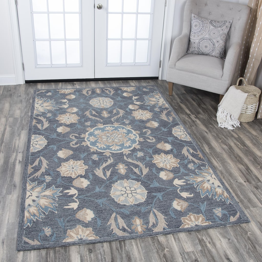 Alora Decor Cascade Blue, Grey, and Tan Medallion Hand-tufted Wool Rug