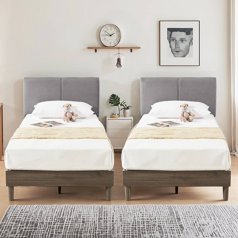 Javlergo Upholstered Platform Bed Frame with 2 USB Charging Station & Adjustable Headboard, Kids Bed Set of 2 - Grey